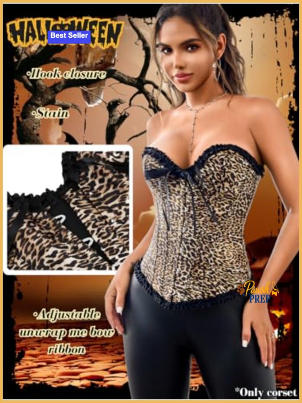 Women's Leopard Print Satin Corset Lace-Up Shapewear Bustier - Picture 3 of 6